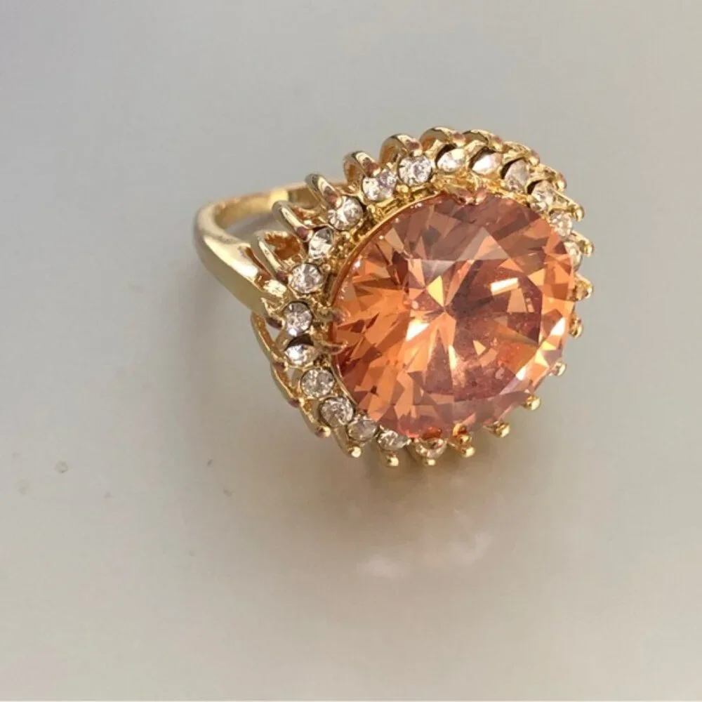 Cocktail Ring Gold Plated w Round Champagne Stone & Surround CZ Stones Sz.7.25